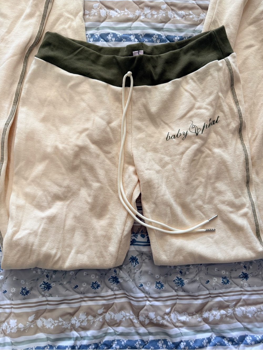 Baby Phat Cream Sweatpants with Olive Waistband